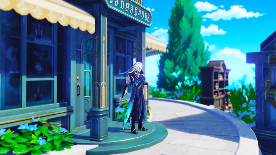 the image is a screenshot from the video game genshin impact. it features aether, a male character in the game, standing in front of a tealcolored shop with a gold trimmed awning. the shop displays various items inside glass cabinets. the scene is set in a bright, sunny environment with blue flowers and green trees. the architecture is stylized and reminiscent of an anime or manga setting. the overall aesthetic is bright, cheerful and fantastical.