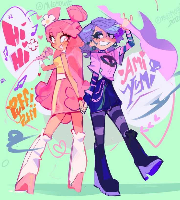 this illustration features two cartoon girls, one in a pink outfit and the other in a purple and black outfit. the pinkclad girl is holding a microphone and singing, while the purpleclad girl is holding a guitar and looking towards the viewer with a playful smile. the girls are surrounded by colorful swirls and hearts, creating a vibrant and dynamic scene. both of them have big eyes, expressive faces, and are dressed in unique and visually appealing outfits. the illustration captures a sense of fun, energy, and friendship.  the style is colorful and bold, typical of anime and cartoon illustration, while the design elements and poses of the characters suggest a musicthemed illustration.