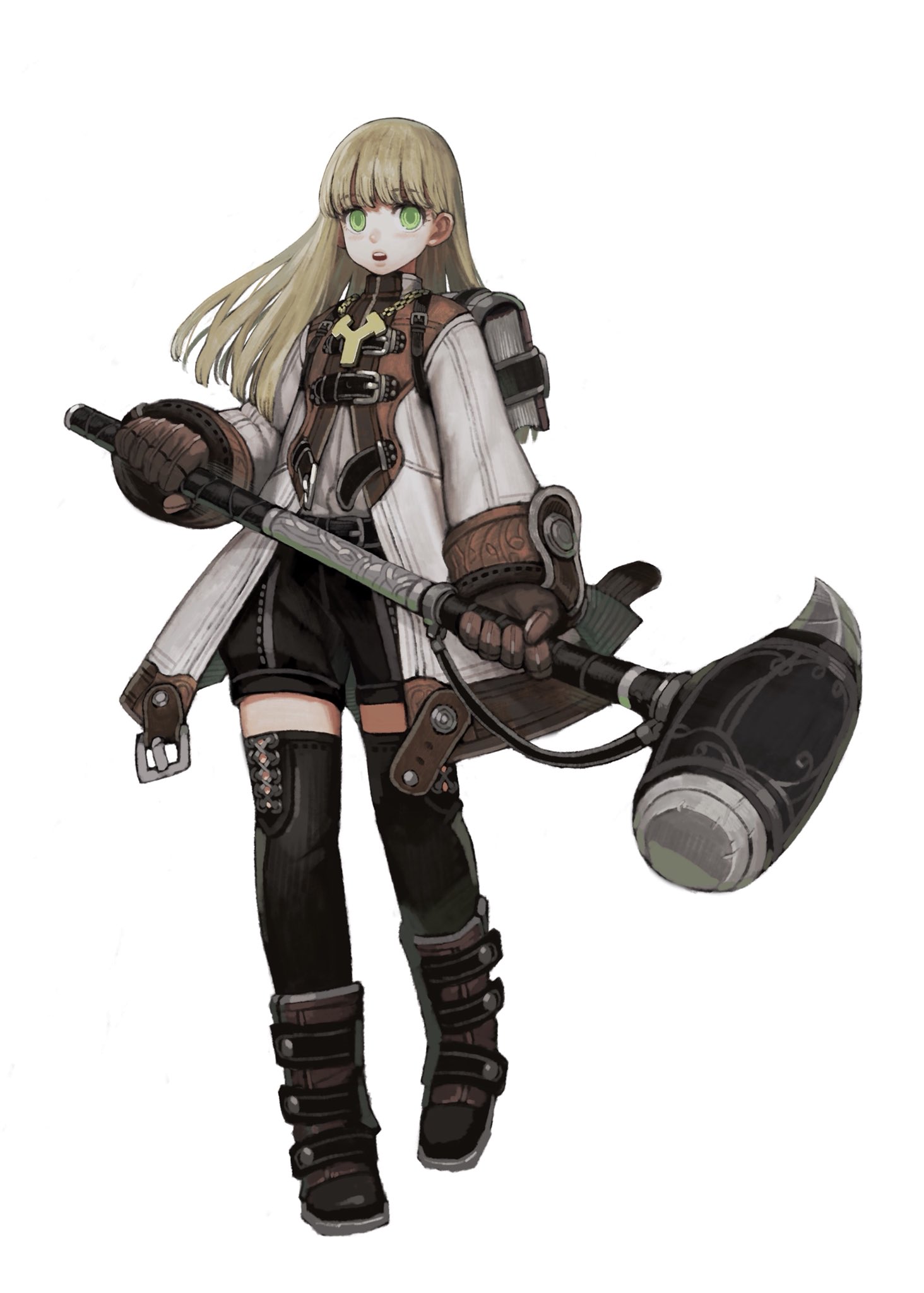this is an illustration of an anime girl. she has long blonde hair and green eyes. she is wearing a white coat with a leather belt and a black pants. she is also wearing black boots. she is holding a hammer in her right hand. she is standing on a white background.
