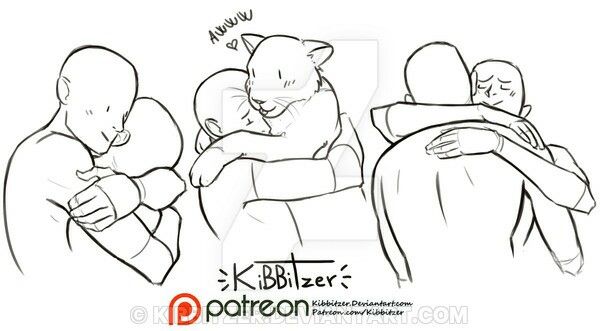this is a drawing of 3 different hug poses. one shows a cat being hugged, another shows two people hugging from behind, and the last one shows two people hugging from the front. all the drawings are simple, line art sketches.