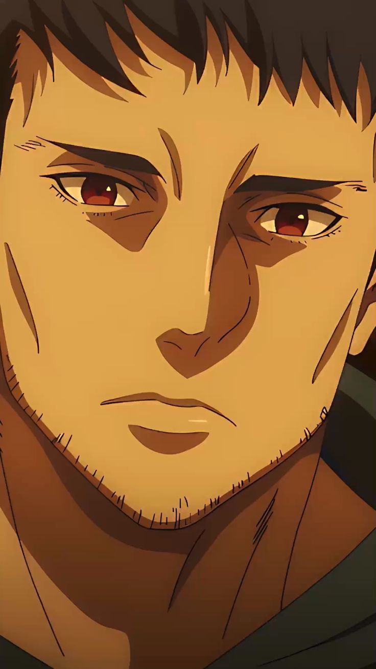 this is a closeup portrait of an anime man with short dark hair, thick eyebrows, and a serious expression. he has a five o'clock shadow and his red eyes stare intently at the viewer. the lighting is soft and emphasizes the shadows on his face.