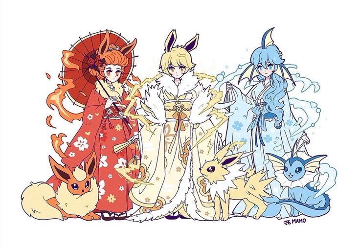 this is a digital fan art of four pokemon characters from the anime series. each character is wearing a traditional japanese kimono and is associated with one of the four elements: fire, water, electric, and wind. the characters are positioned in a line from left to right. the first character is flareon, a firetype pokemon wearing a red kimono with flowers. she is holding a red umbrella and a fan. the second character is jolteon, an electrictype pokemon wearing a white kimono with golden flowers. he is holding a fan. the third character is vaporeon, a watertype pokemon wearing a light blue kimono with blue flowers. she is holding a fan and has a blue wave around her. the fourth character is eevee, a normaltype pokemon wearing a white kimono with silver flowers. he is holding a fan. all of the characters are drawn in a cute and stylized way, with large eyes and simple features. the background is a white background.