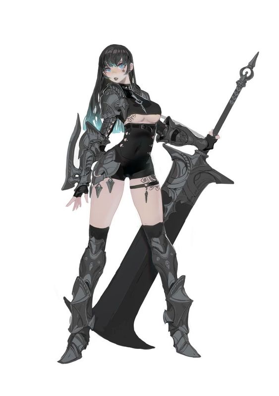 a female warrior with bluetipped black hair stands in a confident pose against a white background. she is clad in ornate black and gray armor that covers her torso, arms, and legs, leaving a portion of her midriff bare. she holds a large, menacing black sword in her right hand, with its tip resting on the ground. in her left hand, she grasps a long, spearlike weapon adorned with intricate detailing. her armor features sharp angles, spikes, and a skull motif, further emphasizing her intimidating presence.