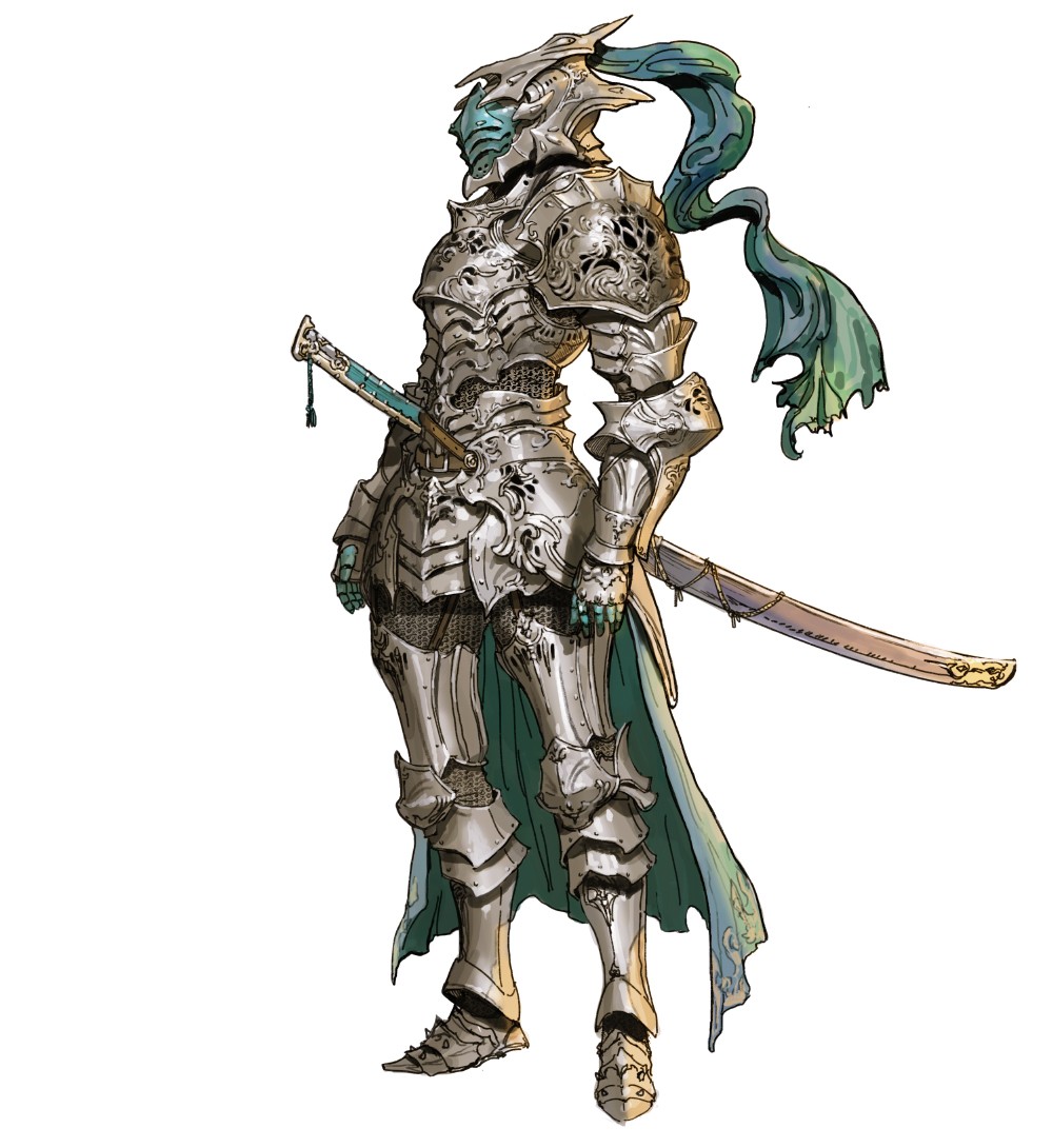 the image shows a single figure, a warrior clad in ornate plate armor, standing against a white background. the armor is predominantly silver with intricate detailing, and the warrior carries a long, slightly curved sword at their hip. a teal fabric piece, likely a scarf or sash, drapes from the helmet and flows behind the figure. the style is reminiscent of fantasy illustration or concept art.