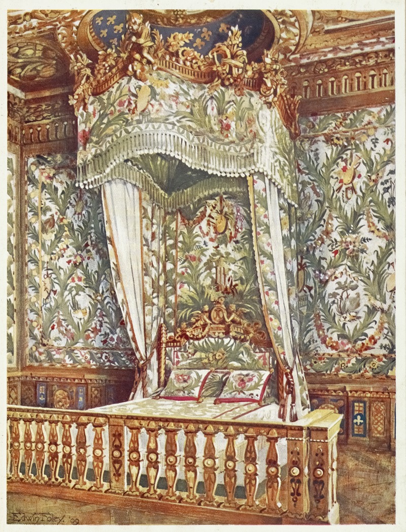 the image is an illustration of an ornate bedroom featuring a canopy bed as the focal point. the walls are covered in floral wallpaper, matching the fabric of the canopy and pillows. the bed is surrounded by a gold railing and headboard. the room is decorated with intricate gold accents, tassels, and curtains. the overall style is antique and luxurious.