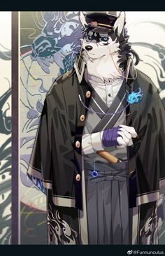 the image showcases an anthropomorphic husky character, radiating a cool and confident aura. he's adorned in a striking blend of traditional and modern attire: a sleek military uniform enhanced by elements of a kimono. the character's piercing gaze, accentuated by the single visible blue eye, captivates the viewer's attention. his right hand rests confidently within his kimono, while his left hand delicately holds a cigarette. the artwork masterfully combines cool, desaturated tones with subtle hints of warmth, crafting a visually captivating and emotionally resonant composition.