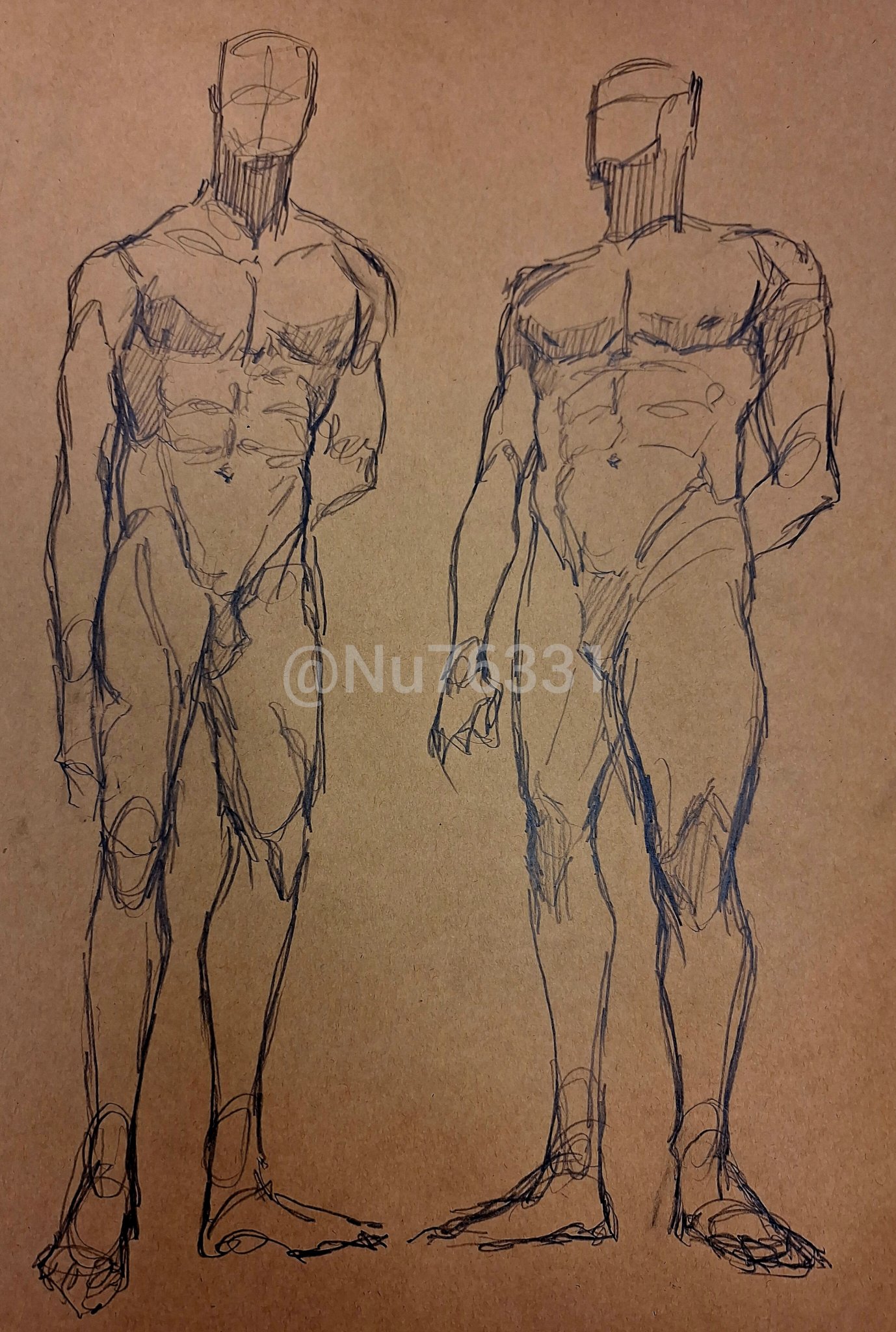 this is a drawing of two male figures, both standing with their legs slightly spread apart. the figures are drawn in a simple, gestural style with light and dark lines. the drawing captures the overall form and movement of the figures, focusing on the anatomy and musculature. the figures are drawn with their heads tilted slightly to the side, as if they are looking down. the artist has used shading to create a sense of depth and volume in the figures. the drawing is done on brown paper with black ink.  the figures are drawn in a realistic style, and the artist has captured the details of the muscles and tendons in the figures' bodies. the drawing is a good example of gesture drawing, which is a type of drawing that focuses on capturing the movement and energy of the subject.
