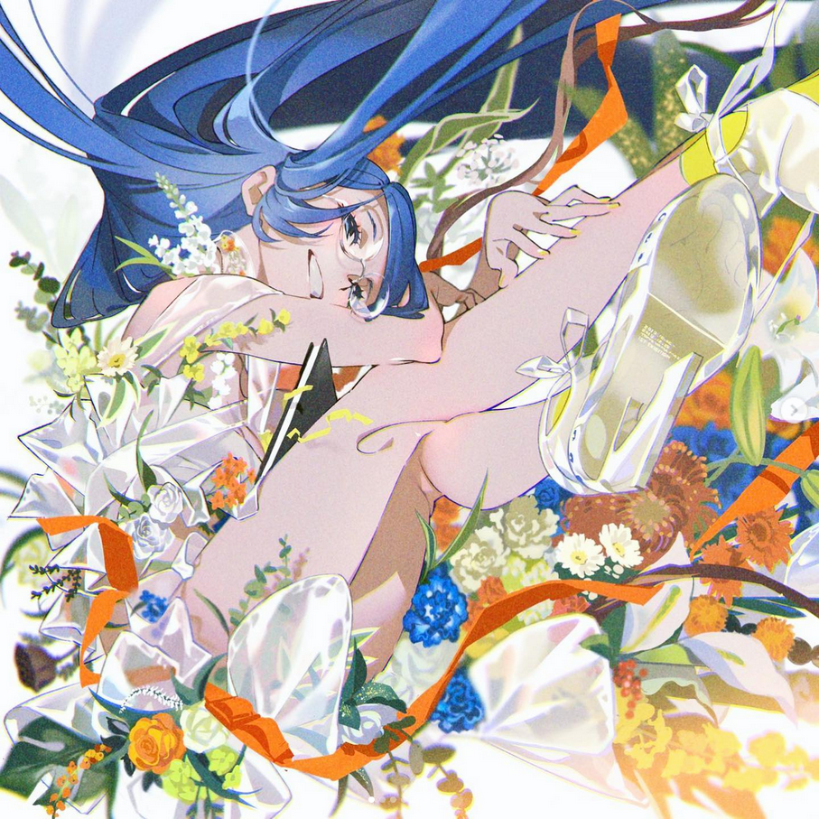 a bluehaired anime girl in a white dress laying on her back amidst a colorful array of flowers and orange ribbons. she has a playful expression on her face and is looking directly at the viewer. the overall aesthetic is bright and whimsical, with soft lighting and a closeup perspective that draws the viewer in.