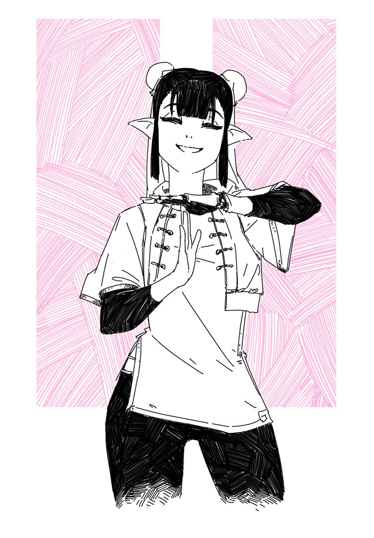 a black and white ink drawing of an animestyle girl. she has short black hair with bangs, small horns or ear protrusions, and pointed ears. she is wearing a shortsleeved, white top with a traditional chinesestyle collar and black pants.  the background is a light pink with a textured, linear pattern. the girl has a pleasant, relaxed expression and is posing with her hands near her chest. the style is reminiscent of manga or graphic novels.