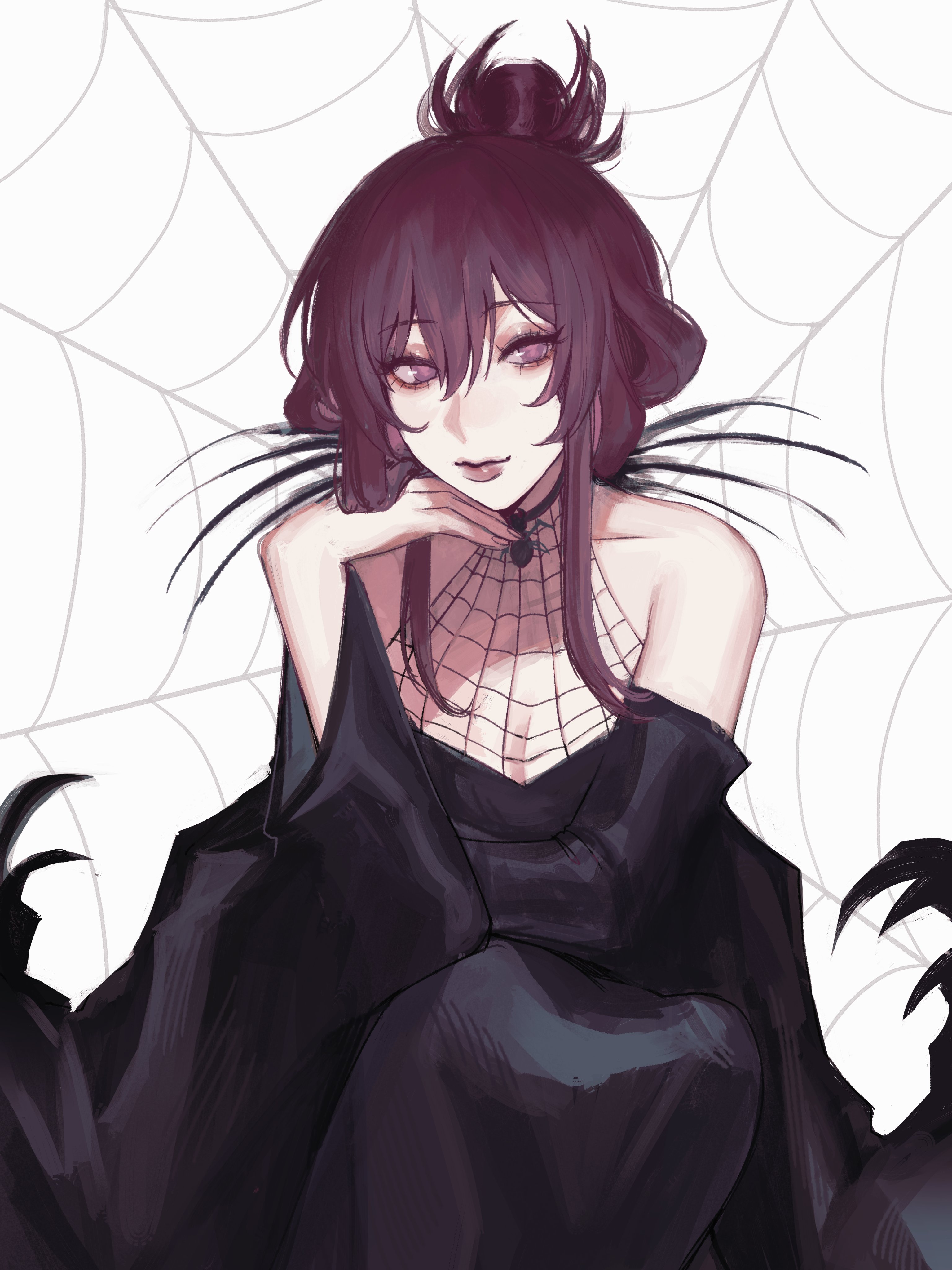 this is a digital illustration of a beautiful anime girl dressed in a black dress with a spider web pattern on it. she has long purple hair and her eyes are a bright purple color. she is sitting in the middle of a spider web and she looks elegant and spooky. she is a perfect example of a halloween character that is both beautiful and scary.
