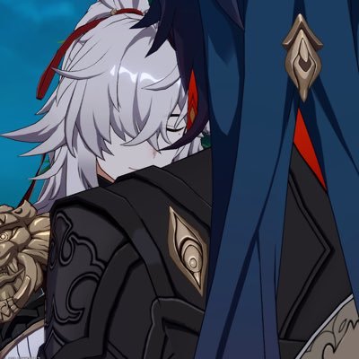an anime character with white hair, red ribbon, and a gold ornament is hugging another anime character with black hair who is wearing blue and black clothing. the background is a blurred blue sky.
