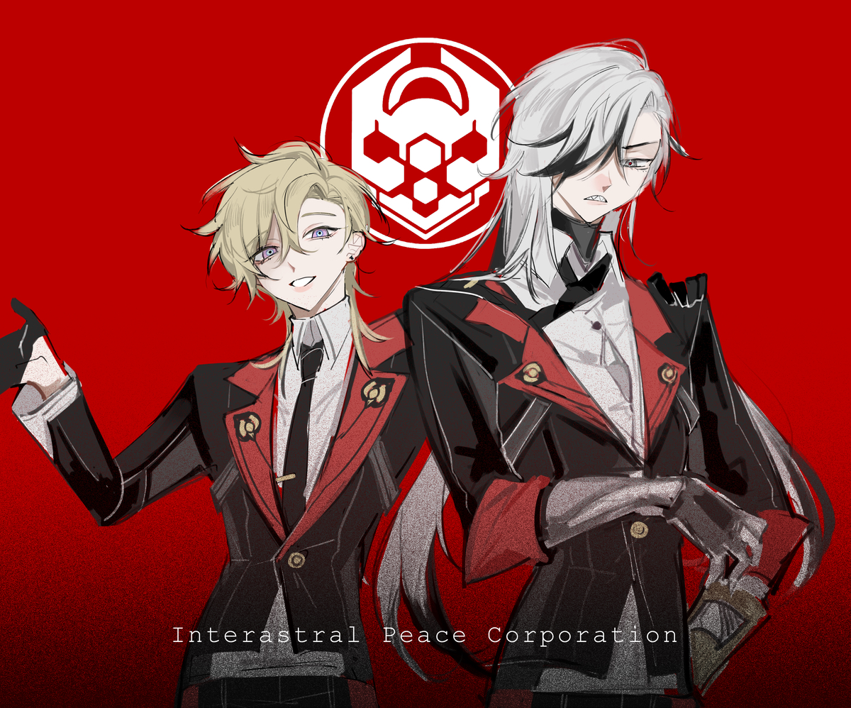 two anime boys are standing in front of a red background. the boy on the left is blonde with a black suit and a red tie. the boy on the right has white hair and is wearing a black suit with a white shirt and red tie. they are standing in front of a logo that says "interastral peace corporation." the logo is a circle with a black and white design.