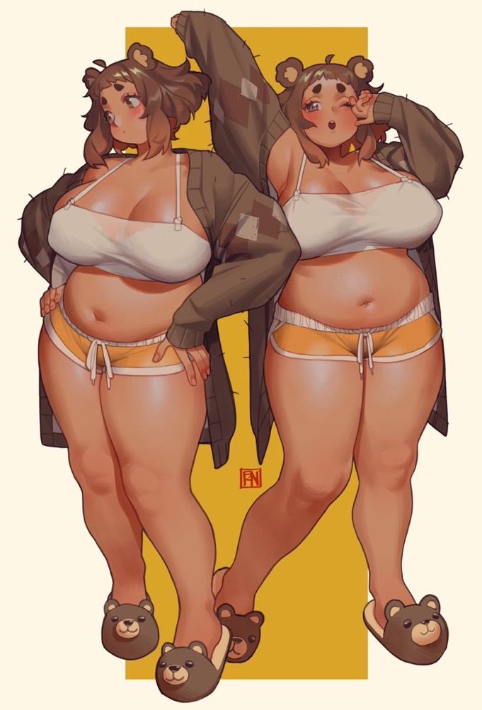 the image is a digital illustration featuring two chubby anime girls with bear ears. they are both wearing oversized cardigans, white crop tops, yellow shorts, and bearshaped slippers. one girl is stretching, and the other is rubbing her eyes in a sleepy pose.  the style is cute and somewhat suggestive, focusing on the characters' bodies. the girls are depicted in a relaxed, comfortable setting, emphasizing body positivity and a charming aesthetic. the overall color scheme is warm, with a yellow background contrasting against the girls' brown hair and clothes.