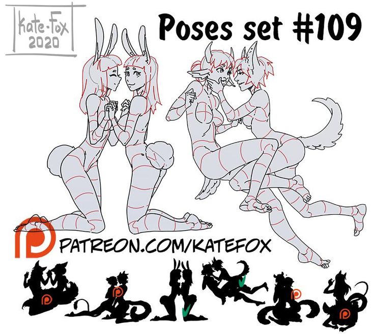 this is a digital drawing of a pose reference for artists. there are four characters in the main image, all with bunny ears, and various other details. the characters are drawn in a line art style. the characters are in a couple pose, with two of them looking lovingly at each other. at the bottom of the image are five more of the characters in various silhouette poses. all of the characters