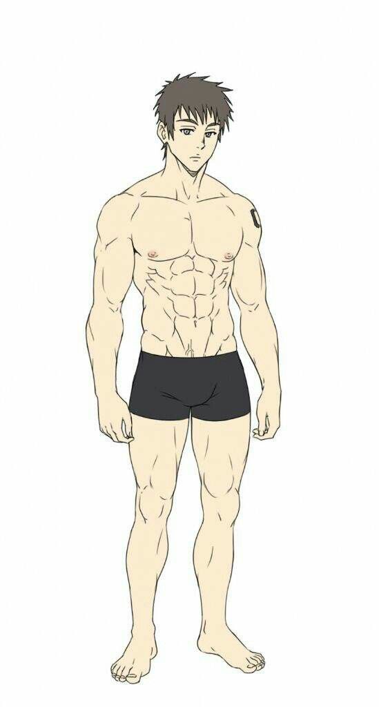 the image is a line drawing of a muscular man standing with his feet slightly apart. he is wearing only a pair of black briefs, showcasing his toned physique. his hair is short and dark, and he has a neutral expression on his face. the drawing style is realistic and detailed, emphasizing the contours of his muscles and anatomy.