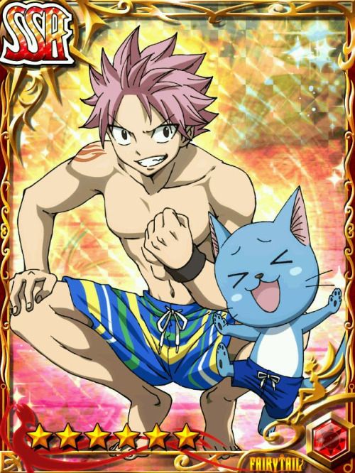this is an image of the fairy tail characters natsu dragneel and happy. they are both in swimwear, with natsu in blue, yellow, and green swim trunks and happy in blue trunks.  natsu has his signature pink hair, a determined look on his face, and has a blue and white band on his left wrist. happy is smiling and looks extremely excited. the background is a blur of gold, red, and white.