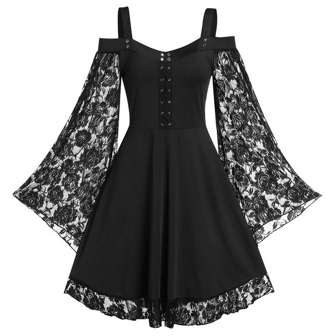 a black dress with long lace sleeves. it is a cold shoulder dress with a lace trim around the neckline and the bottom of the dress. it looks like a gothic style dress, and is perfect for a party or special occasion.