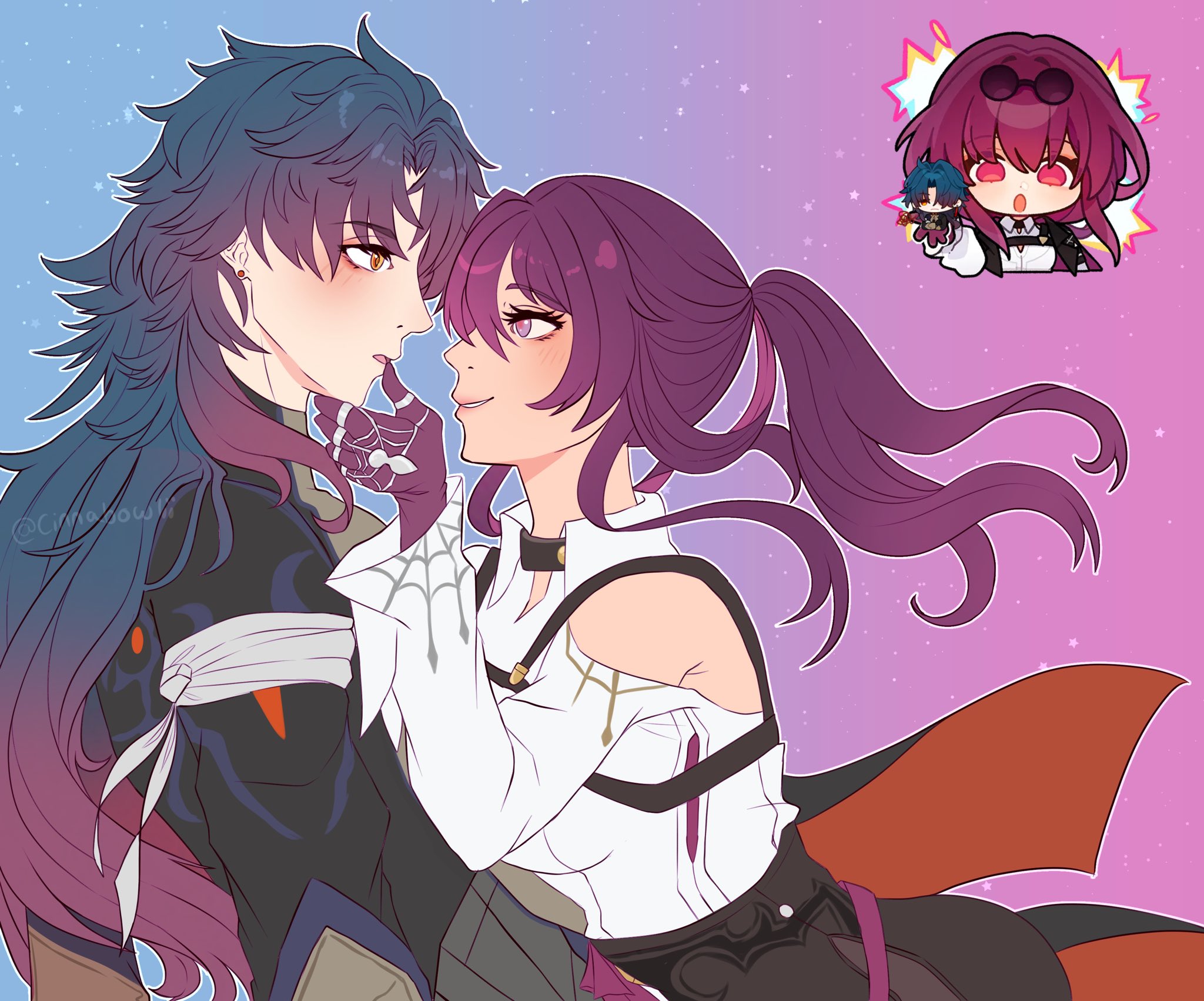 the image is a digital illustration of an anime couple. the male character is on the left and has purple and blue hair. he is wearing a black and white outfit with a white band around his arm. he is looking at the female character on the right with an expression of love. the female character has long purple hair with a red ribbon tied to it and she is wearing a white shirt with a black belt and a red scarf. her eyes are closed as she holds her cheek and leans into the male character's arm. they are in a setting with a blue and pink gradient background with stars. the couple's body language suggests intimacy and affection.