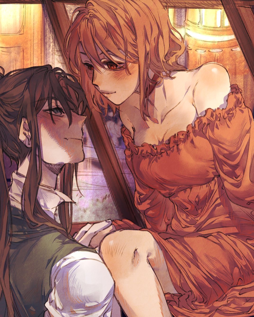 the image is a digital painting or illustration in an anime/manga style.  it depicts a closeup view of a romantic couple.  the woman has long, reddishbrown hair and is wearing an orange offshoulder dress. she has a gentle, blushing expression. the man has dark brown hair and is wearing a dark green jacket over a white shirt. he is looking at the woman with a soft gaze.  they are sitting close together, suggesting intimacy and affection.  the background is a dimly lit interior setting with a wooden frame partially visible, adding to the vintage or antique feel. the overall mood is romantic and warm.