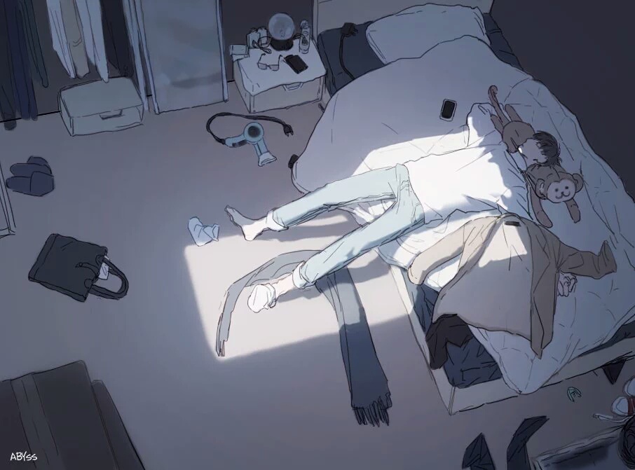 the image depicts two people sleeping peacefully in a sunlit bedroom. they lie intertwined on and beside a bed, their forms casting soft shadows in the warm light. the bedroom is depicted from an aerial perspective, showcasing a livedin atmosphere with clothes and personal belongings scattered around.  the scene evokes a sense of quiet intimacy and the comfort of shared space.