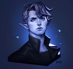 a bust portrait of a male elf with blue skin and dark hair set against a dark blue background. he's wearing a dark coat with the collar up. dramatic blue lighting comes from behind, highlighting the edges of his hair, ears, and coat.  his expression is serious and brooding.