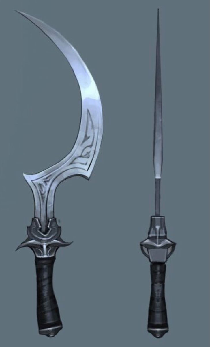 the image shows a digital illustration or concept art depicting two variations of a fantasy weapon.  the weapon on the left is a curved, scimitarlike sword with an ornate hilt and blade. it has a darkcolored grip and a silvercolored blade with decorative etchings. the weapon on the right is a straighter, more daggerlike version of the same weapon.  both weapons share a similar design aesthetic in the hilt and handle.  the background is a plain gray, focusing the viewer's attention on the weapons. the style suggests it might be concept art for a video game or other fantasy project.