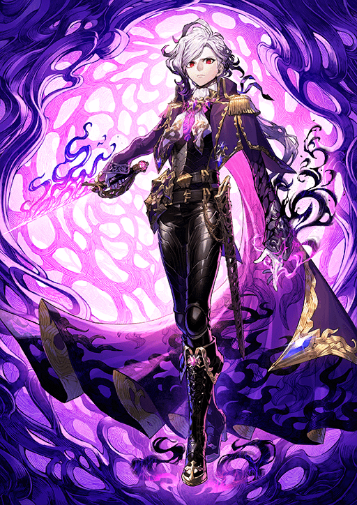 an animestyle illustration features a female character with white hair and striking red eyes. she is dressed in a dark, ornate outfit with gold trim, including a jacket, shirt, belt, and tight pants tucked into kneehigh boots. a cape drapes behind her, adding to the dramatic effect. she wields a sword in her right hand that appears to be emitting a magical purple glow. the background is a vibrant swirl of purple, creating an otherworldly atmosphere.