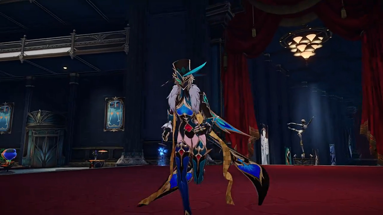 a video game character dressed in a fantasy outfit with black, gold, and blue armor, is standing with a sword on a dark red stage.