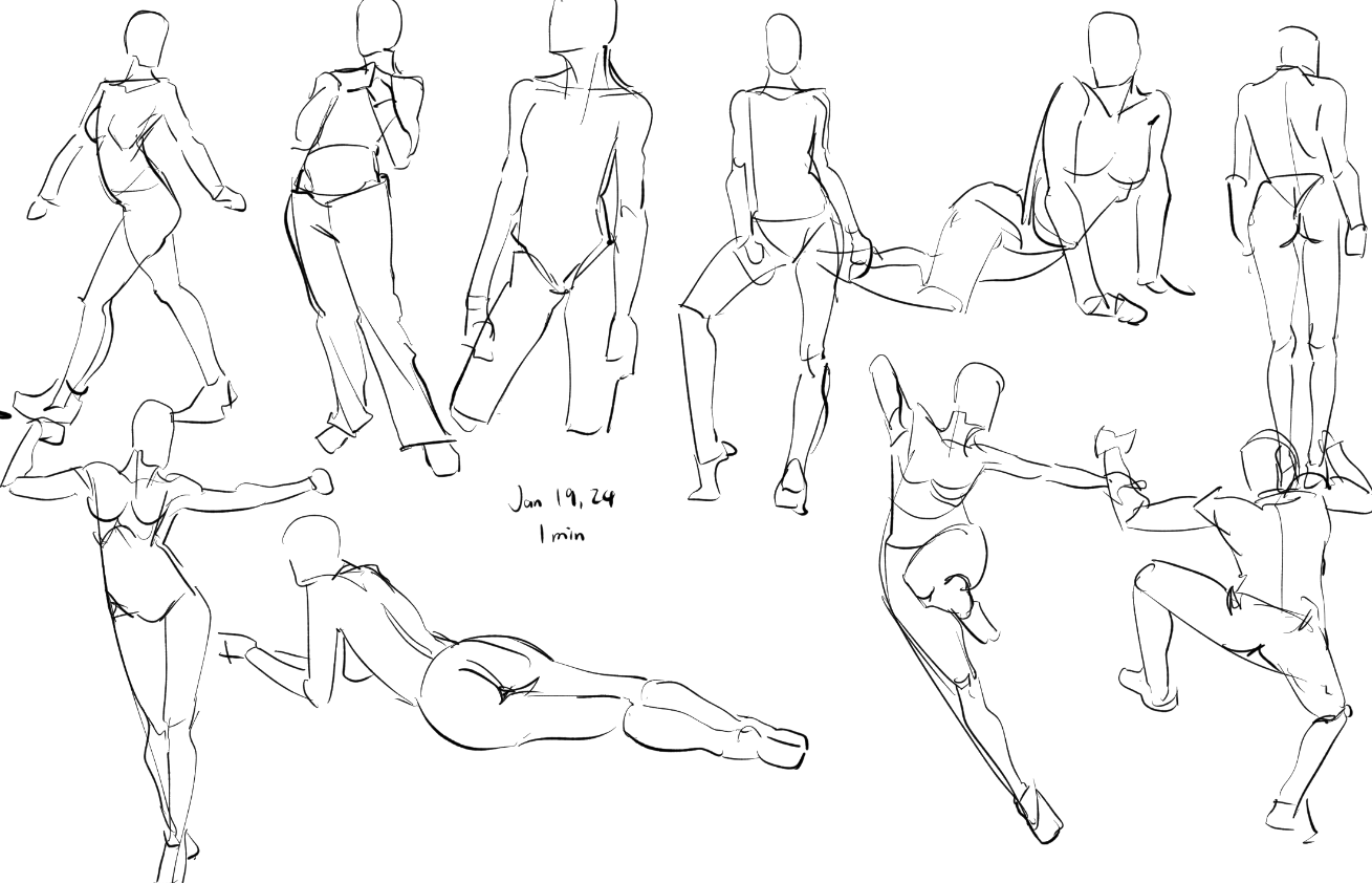 the image contains a collection of quick figure drawings, likely done as gesture studies.  each sketch is a rapid rendering of a human figure in various poses, capturing the movement and flow of the body rather than detailed anatomical accuracy. the style is loose and expressive, using quick, fluid lines.  a date and time ("jan 19, 24  1min") are written on the page, indicating the date and duration of the sketching session.  the figures are diverse in their poses, showing a range of actions and postures.  the overall impression is one of dynamic movement and a focus on capturing the essence of the human form in motion.
