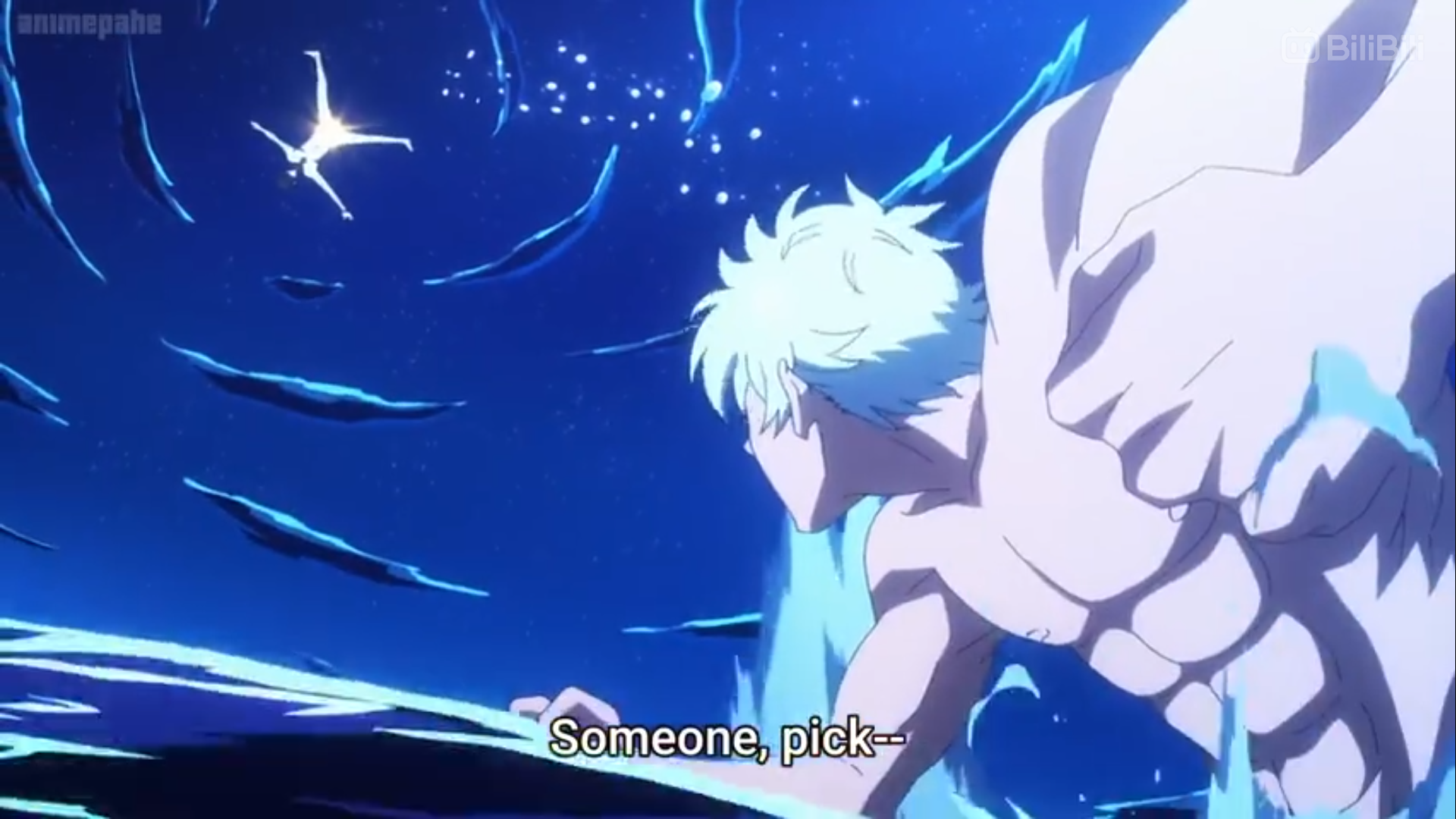 a shirtless, muscular man with white hair swims through dark blue water towards a bright figure in the distance. ripples and currents in the water are depicted in lighter shades of blue.  the caption at the bottom reads, "someone, pick".
