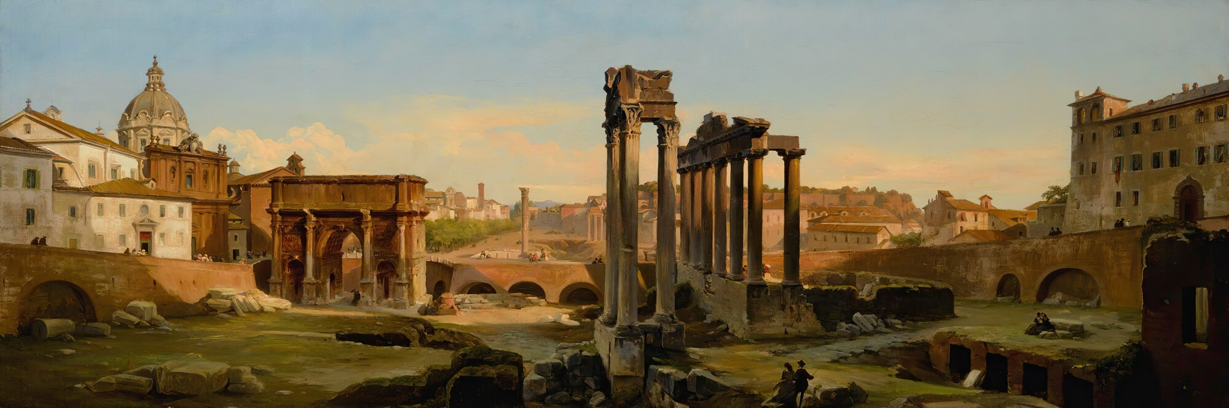 the image is a painting depicting a panoramic view of the roman forum in rome. it showcases the ancient ruins, including prominent columns and an arch, set against the backdrop of various buildings, including one with a dome. the scene is populated with people, and the sky is visible with clouds. the painting captures a historical and artistic representation of the classical architecture and the antiquities of rome.