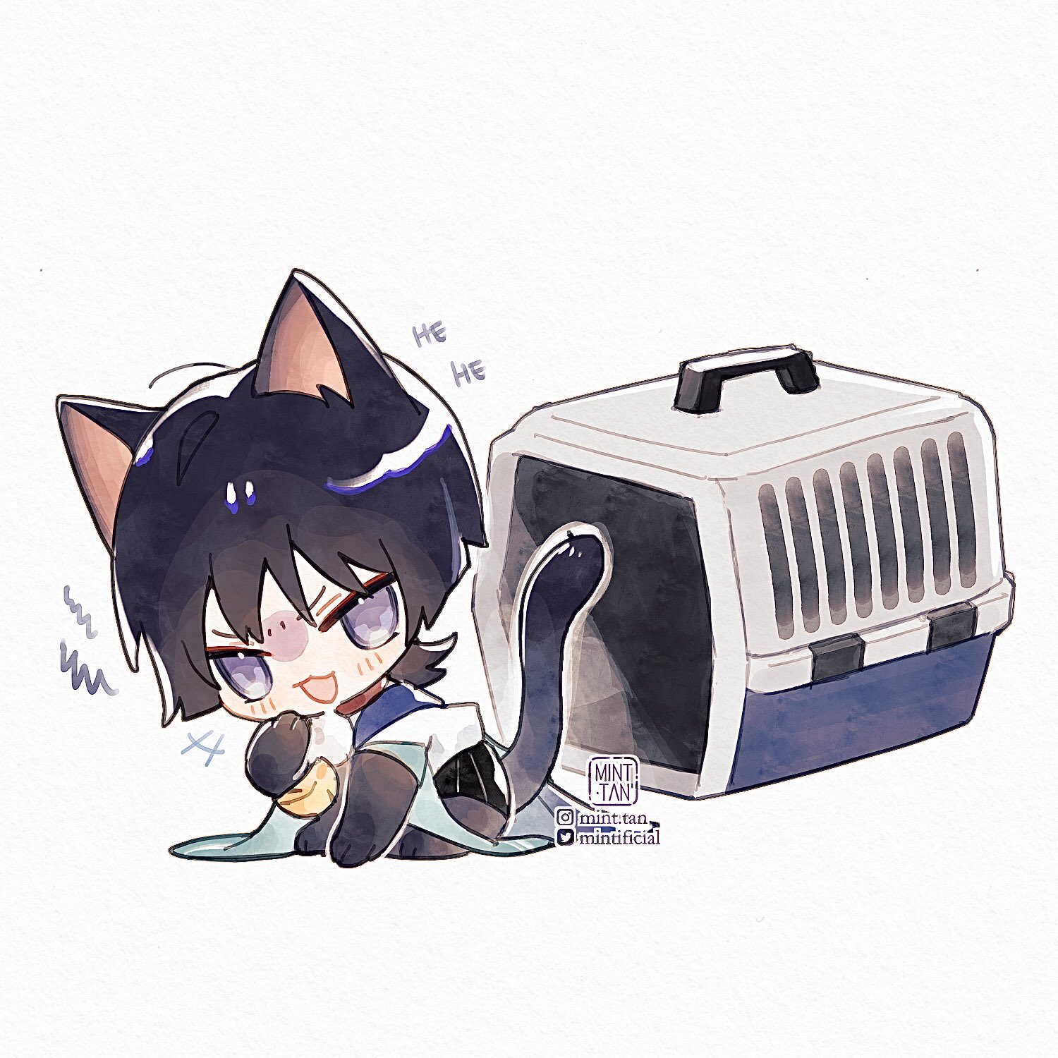 a chibi anime character with black cat ears and tail is sitting on the ground with a pet carrier next to them. they are smiling and appear to be happy. there are two "he"s written above the character, implying that they're saying "he he". the cat is holding a small object in their hand, likely a snack or toy. the image is in a cute and adorable style.