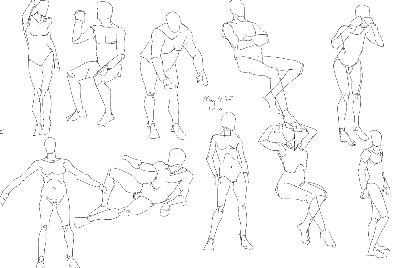 the image contains multiple quick figure sketches in line art. the sketches show various human figures in different poses, including standing, sitting, bending, and lying down. they appear to be anatomy studies or gesture drawings, capturing the essence of human form and movement.