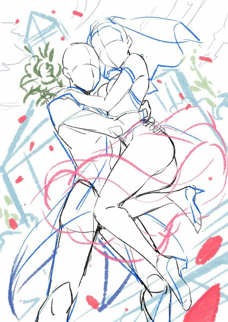 a sketch of a couple embracing each other with the bride holding a bouquet in one hand. the sketch is done in a simple, lineart style with a touch of color in the background. the couple is drawn in a romantic pose with the groom holding the bride close. the art style is somewhat messy and looks like a rough draft.