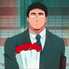 an animestyle image of a man in a suit.  he has short, dark hair and is holding a bouquet of red roses in front of him.  his expression appears slightly shocked and bewildered. he's wearing a blue suit jacket, a white collared shirt, and a blue tie. the image is set against an outdoor backdrop that suggests a school building with a tiled wall.