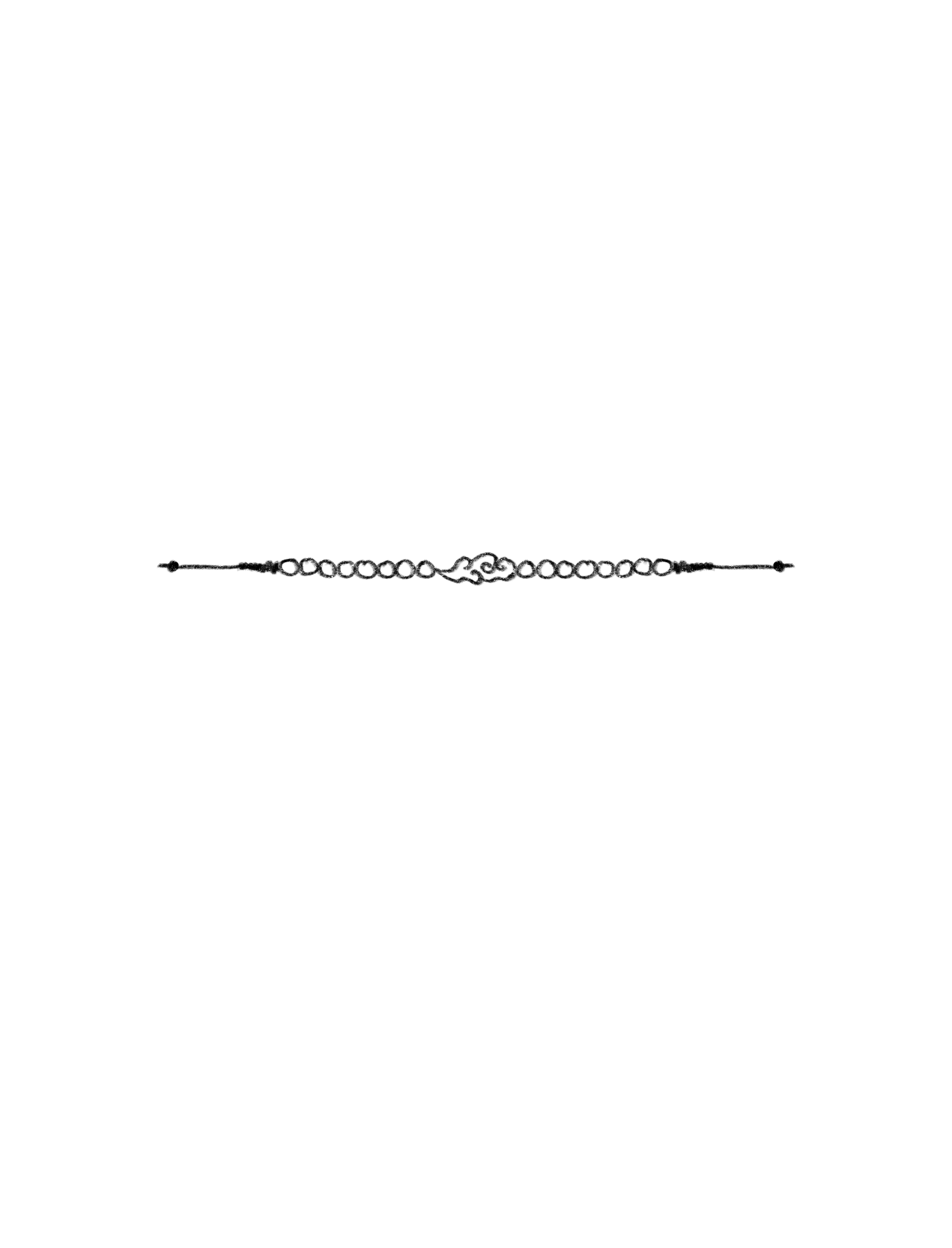 the image shows a horizontal decorative line divider. it consists of a straight line with small circles or beads strung along its length. in the center, there's a stylized cloudlike motif. each end of the line is finished with a small, pointed flourish.