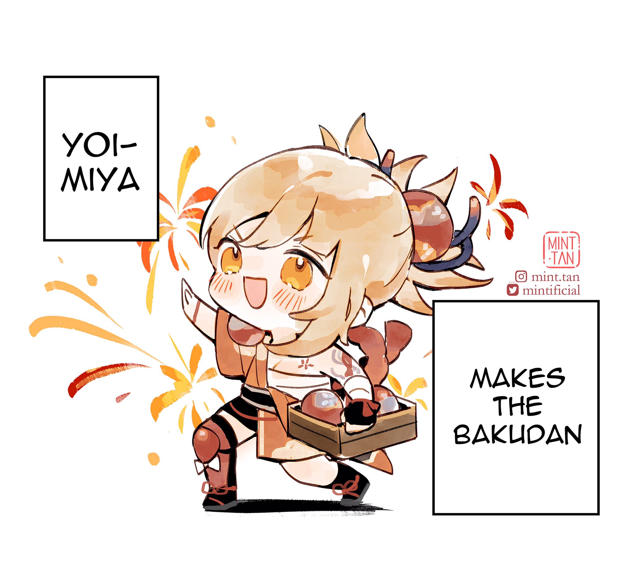 an anime chibi girl in a cute japanese outfit holding a basket of sweets. behind her are fireworks in the background. she's smiling happily and has a playful expression on her face. there is a speech bubble next to her saying "yoimiya" and another speech bubble saying "makes the bakudan."  this is a cute and fun illustration!