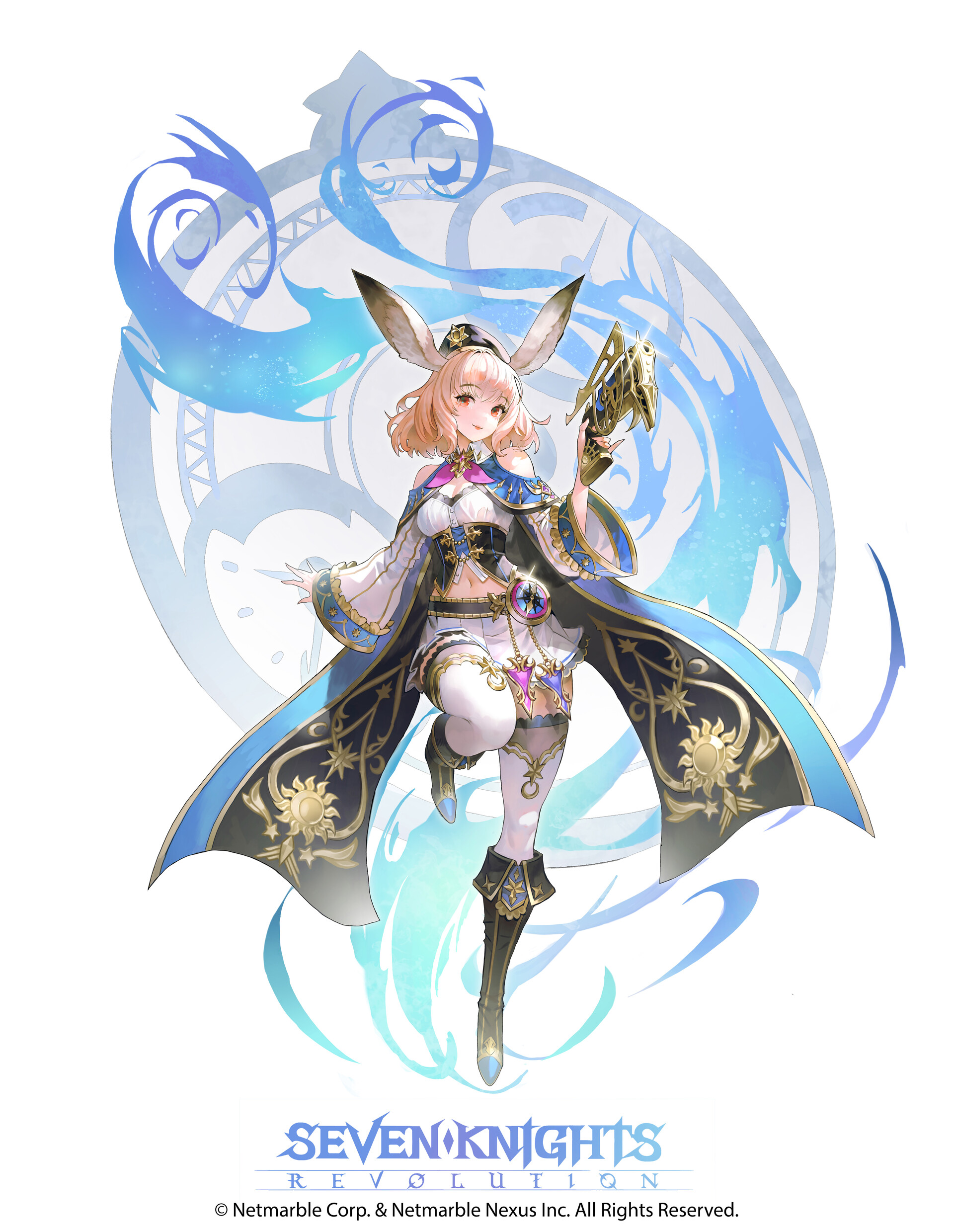 a fullbody character art image of an animestyle girl with rabbit ears, dressed in a white and blue fantasy outfit with a cape. she is holding a stylized gun and posing dynamically against a backdrop of swirling blue and white designs. the "seven knights revolution" logo is visible at the bottom.