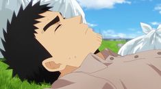 a closeup image of an anime man with short black hair and tan skin laying down on green grass with white bags in the background.  the sky is bright blue with a few clouds. the overall color palette is bright and cheerful.