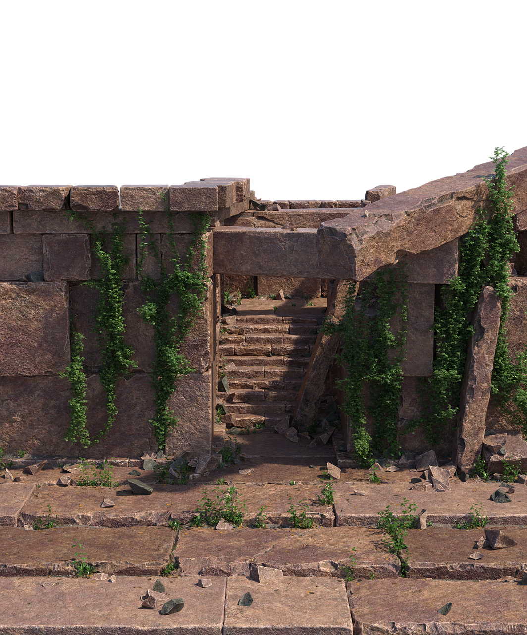 the image shows the ruins of an ancient stone structure. a wall with an entrance and staircase is visible, heavily weathered and overgrown with ivy and other plants. the stones are cracked and crumbling, suggesting the structure is very old and has been abandoned for a long time.