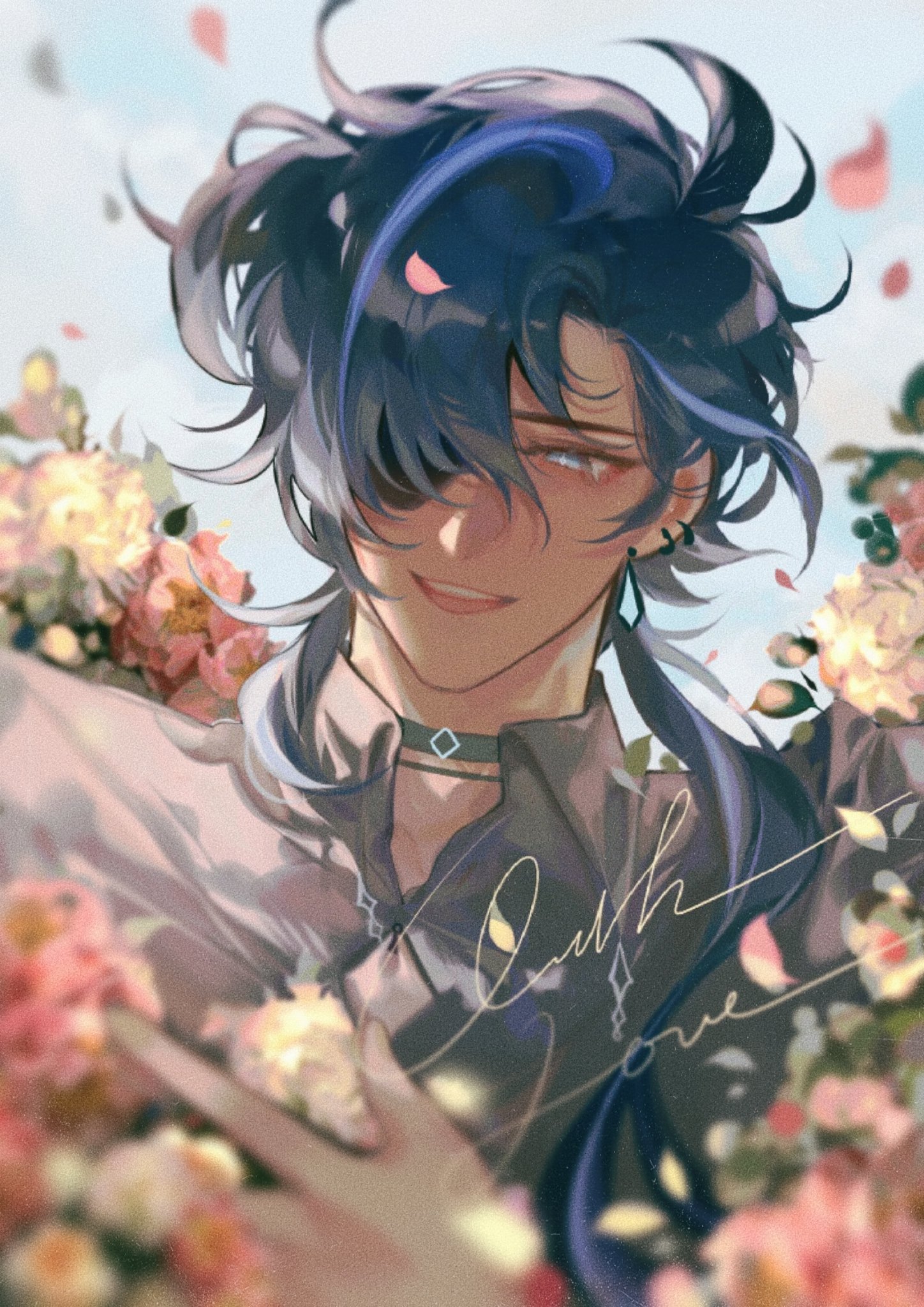 the image is a digital fanart depicting an animestyle male character with long, wavy blue hair, partially covering one eye. he wears a lightcolored collared shirt, a choker, and an earring. he is surrounded by a profusion of light pink and yellow roses and rose petals, creating a soft and romantic atmosphere. the art style is soft and dreamy, with a focus on gentle colors and delicate details. the character has a gentle smile, contributing to his overall charming and lovely appearance. the artist's signature is subtly placed on the artwork. the overall aesthetic is ethereal and romantic.
