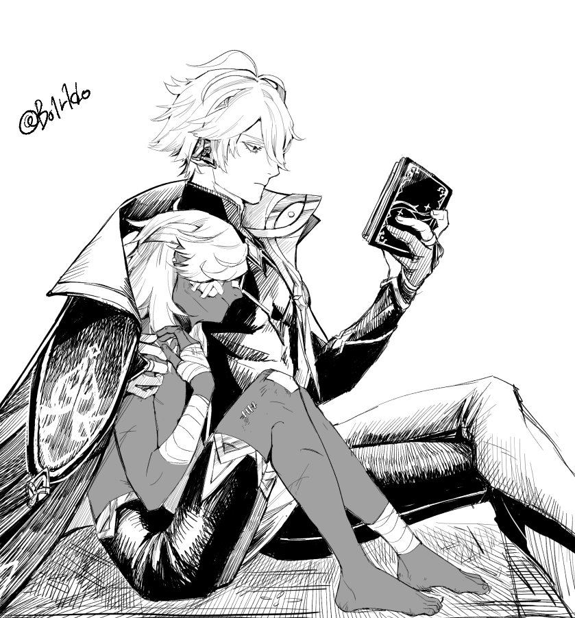 a black and white sketch of an anime couple. they are both sitting on the floor, facing the same direction. the male character is on the left, and the female character is on the right, facing the male. the male is reading a book with his left hand and  his right arm is around the female character, while she is leaning against him. the  female character is looking down and seems to be listening to the male. their faces are close together and they both have their arms around each other. their clothes are casual and they are both wearing a simple outfit.  the background is empty and there are no other objects in the drawing.  the sketch is done in a simple style and uses hatching to create shading.