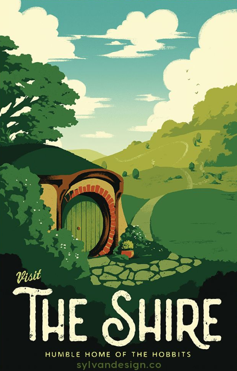 this image is a travel poster advertising "the shire," with a view of a hobbit hole nestled in a green, hilly landscape. the poster features a round, green door of a hobbit hole with a brick archway, surrounded by lush greenery and stone path. in the background are rolling hills, a bright sky with fluffy white clouds, and a few distant trees. the poster is in a vintage style, with muted colors and a handdrawn feel. the text "visit the shire" is prominently displayed, along with the tagline "humble home of the hobbits" and the website "sylvandesign.co."