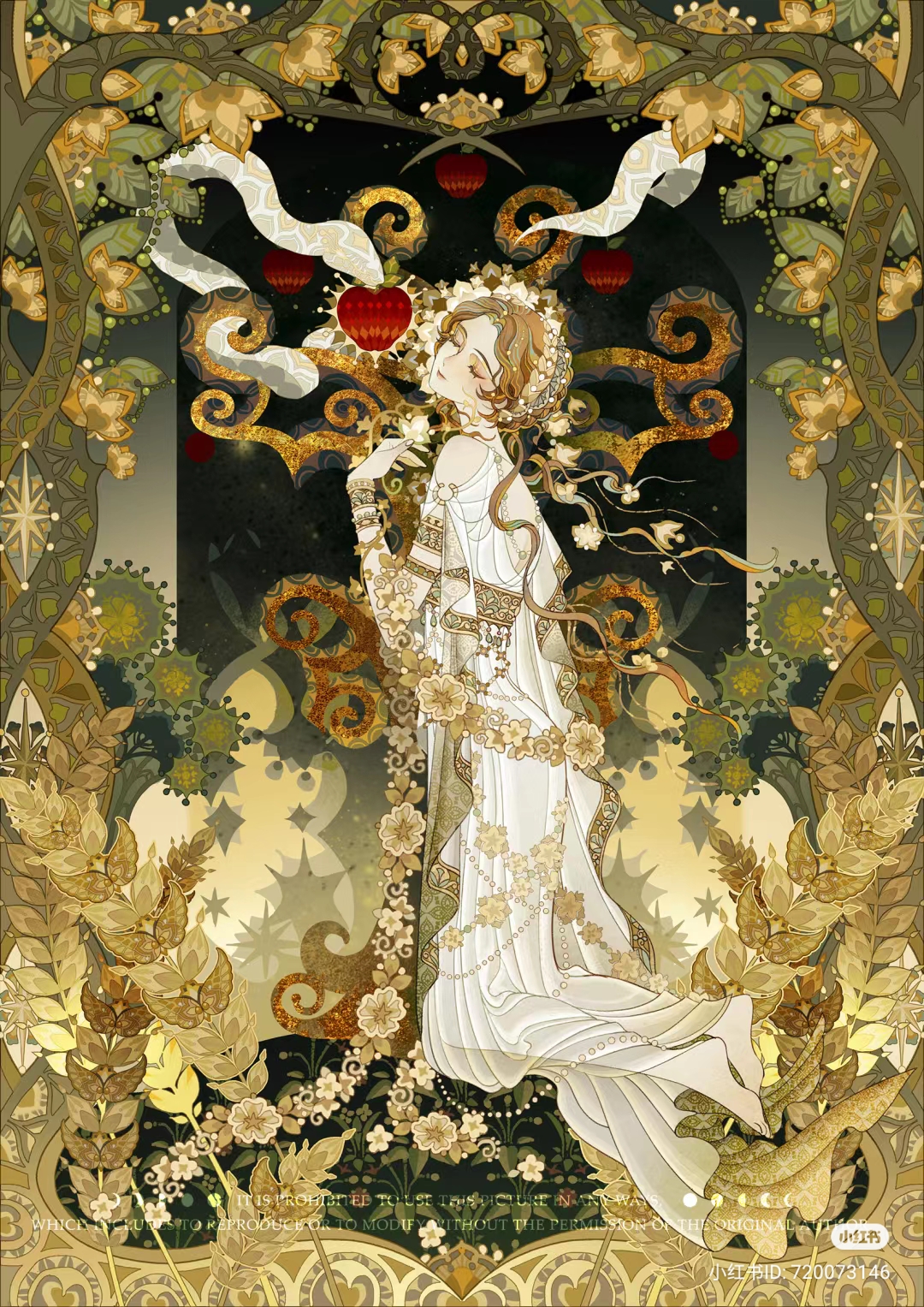 the image is a digital illustration of a woman in a white dress kneeling in a garden. she is holding a red heart in her hands and looking up. the background is a highly detailed art nouveau pattern in shades of gold, brown, and green. the woman is surrounded by flowers and leaves. the lighting is artificial and appears to be coming from above. the overall effect is one of elegance, romance, and beauty.