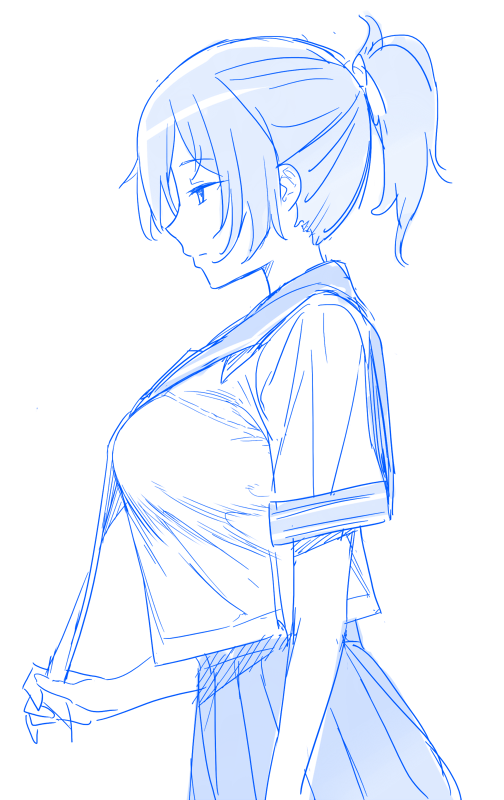 a sketch of an anime schoolgirl in a white shirt with a blue collar and a blue pleated skirt. she is looking down and to the side with her hair pulled back in a ponytail.