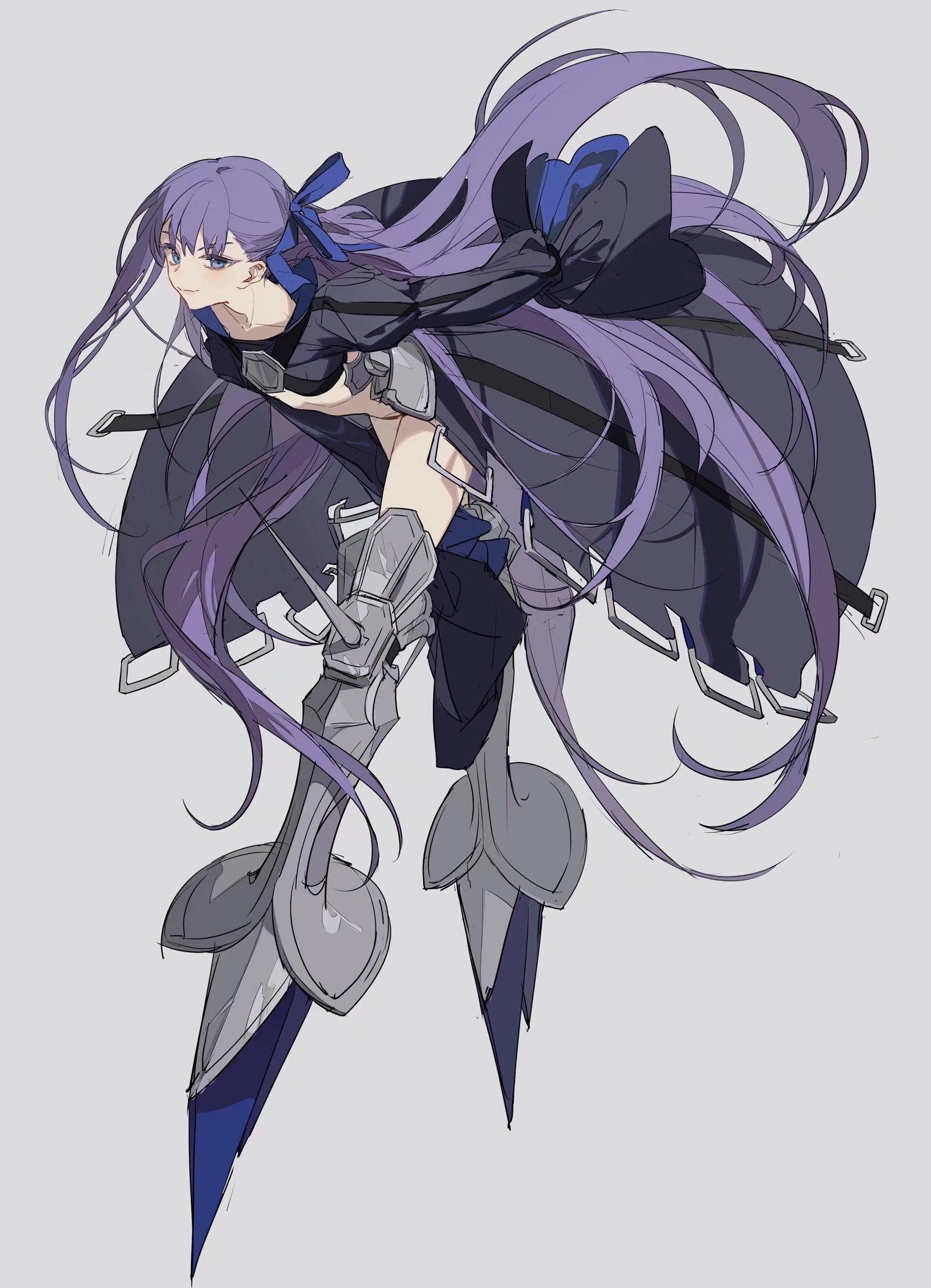 an animestyle girl with long, flowing purple hair and a determined expression is depicted in a side view. she wears a dark cloak with blue accents, and elaborate silver and blue armor on her legs that appears to be floating rather than being grounded. her stance suggests movement or action.