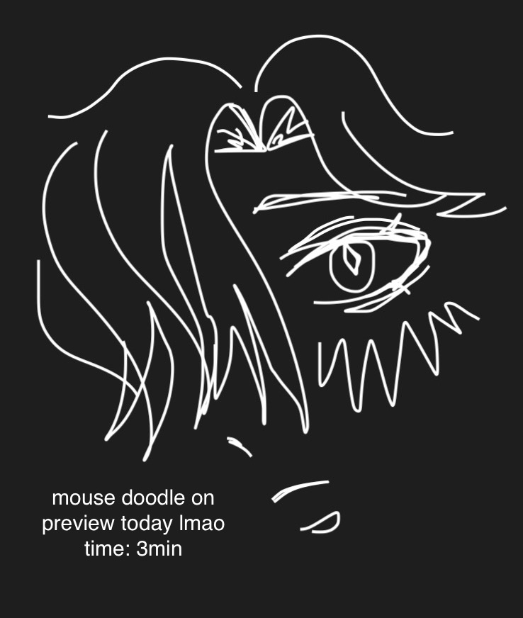 a simple black and white doodle of a face with a prominent eye and hair, sketched quickly with a mouse.
