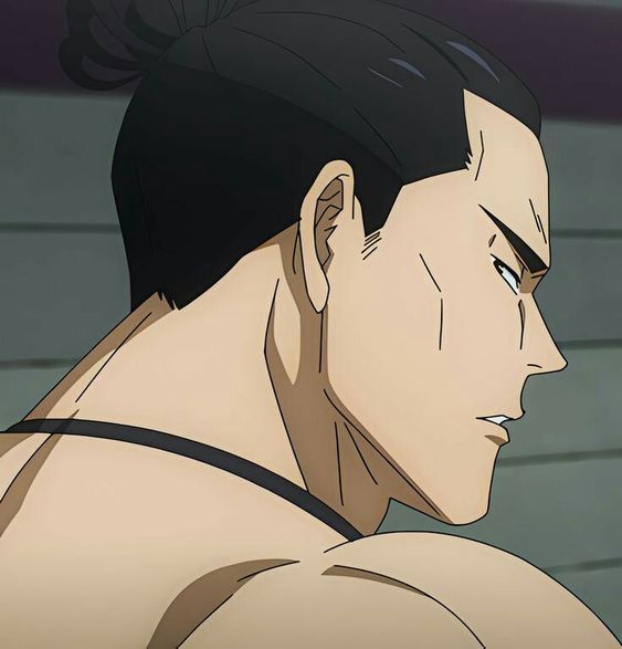 a side profile of an anime character. he is a muscular man with black hair in a bun. he is wearing a black strap across his back.
