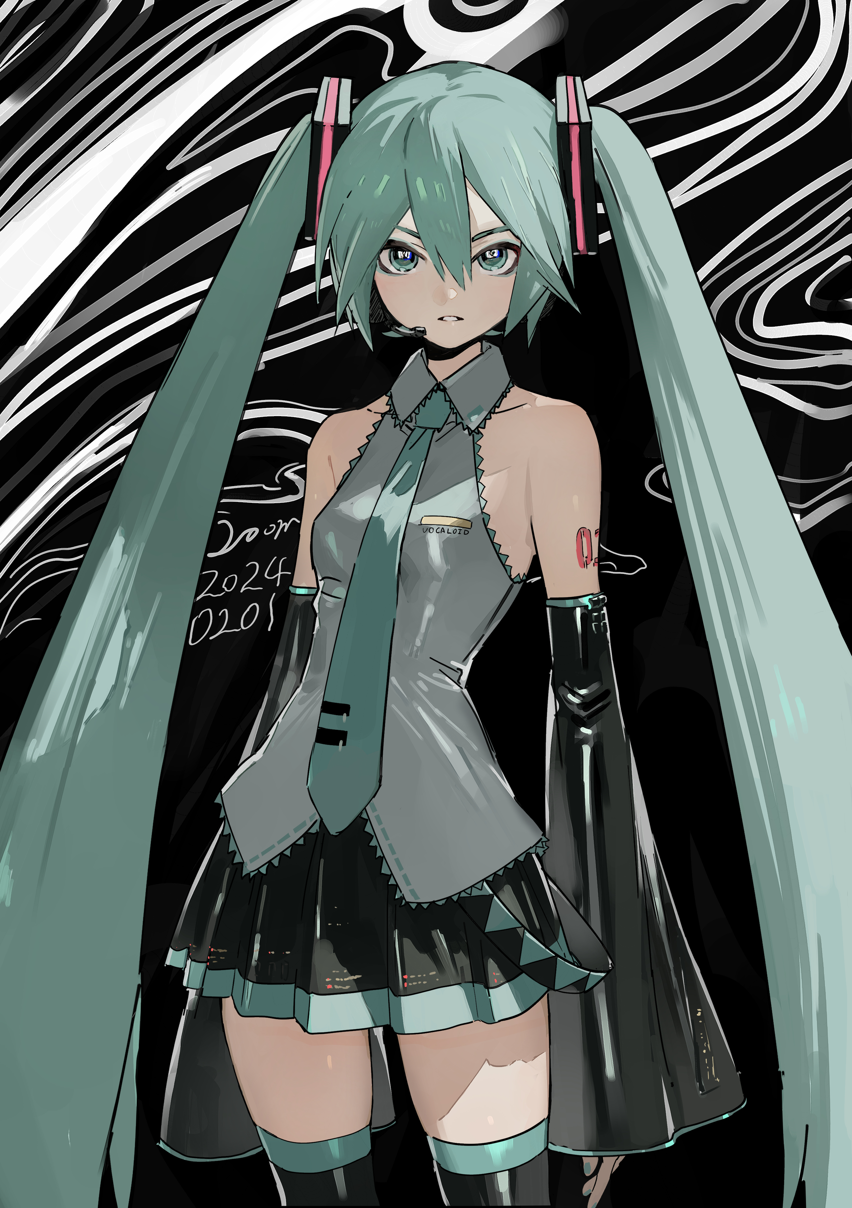 the image is a stylized digital illustration of hatsune miku, a popular vocaloid character.  she's depicted in a dark, almost cyberpunkinspired setting with a black and white swirling background. miku is wearing a modified version of her signature school uniform, with a teal tie and pleated skirt.  her teal twintails are long and flowing, and she has headphones on.  her expression is serious and her pose is somewhat formal. the overall style is sleek and elegant, with a focus on clean lines and subtle shading.  there's a handwritten text visible in the background, likely containing the artist's signature and date.