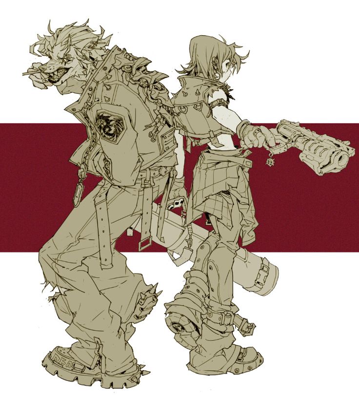 the image depicts a stylized illustration of two anime characters in a cyberpunk setting. the characters are a man and a woman, both clad in futuristic gear and weaponry. the man appears to be a cyborg or beastlike creature, with sharp claws and a snarling expression. he is holding a large weapon, possibly a rocket launcher. the woman is sleekly dressed in a leather jacket and combat boots, carrying a large gun. both characters are depicted in dynamic poses, showcasing their actionpacked nature. the image is set against a dark red backdrop, emphasizing the gritty and intense atmosphere of the scene.